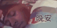 a woman is sleeping in a bed with her eyes closed and the words `` good night '' written in chinese .