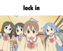 a group of anime girls are standing next to each other and the words lock in are above them