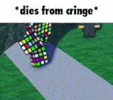 a person wearing a colorful outfit is walking down a sidewalk with the words `` dies from cringe '' above them .