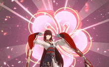 a girl in a red and white kimono is surrounded by pink petals