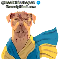 a drawing of a dog with a blue and yellow scarf around its neck and the website therealpitbull.com