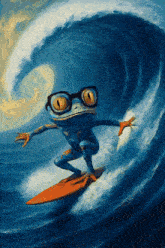 a frog wearing glasses is riding a wave