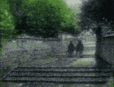 a couple of people walking down a stone path
