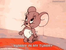 a cartoon mouse says yummy in my tummy while wearing a diaper