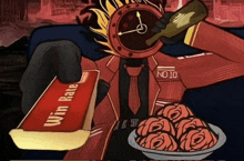 a cartoon of a man holding a bottle and a box that says win rate on it