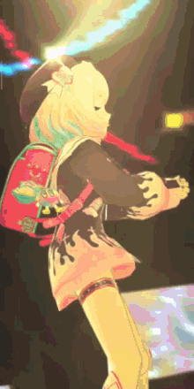a girl with a red backpack on her back is dancing