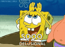 a cartoon of spongebob squarepants making a funny face with his hands over his head .