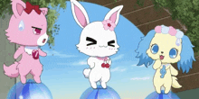 three cartoon characters are standing next to each other and one of them has a heart on her collar