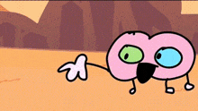 a pink cartoon character with green eyes and a bird 's beak is standing in the desert .