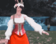 a pixel art of a woman wearing a red dress and white sleeves