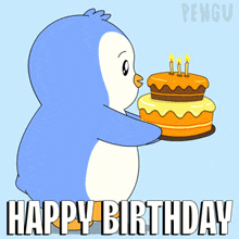 a penguin holding a birthday cake with candles and the words happy birthday