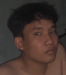 a shirtless young man is looking at the camera .