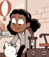 a girl with a backpack is holding a dog and a suitcase ..