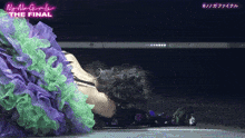 a woman in a purple and green dress is laying on the floor with the words no-no girls the final written on the bottom