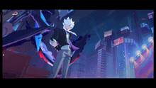 a man in a suit is standing in front of a city skyline with a sign that says ' a ' on it