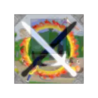 a blurry picture of two swords crossed in front of a fire ring