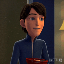 a cartoon character is holding a bowl of food and says " what "