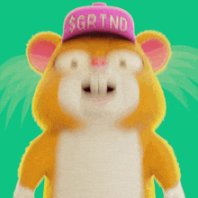 a close up of a hamster wearing a pink hat on a green background