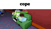 a person laying on a green couch with the word cope on the top