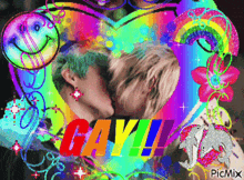 a picture of two people kissing with the word gay in the middle