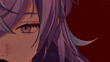 a close up of a girl 's face with purple hair and blue eyes
