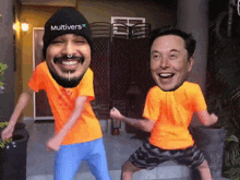 a man wearing a hat that says multivers on it is dancing with another man