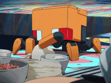 a cartoon drawing of a robot with the letter o on it