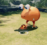 a cartoon character is kicking a ball in a field