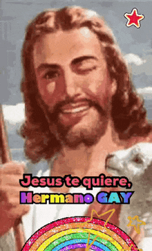 a picture of jesus with the words " jesus te quiere hermano gay " on it