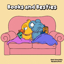 a cartoon of a duck and a mouse sitting on a couch reading books