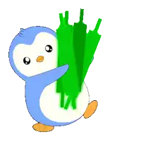 a blue and white penguin holding a green object