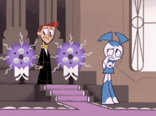 a cartoon of a man and a girl standing next to each other with purple flowers in the background