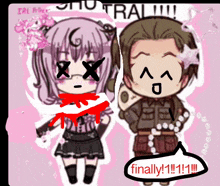a drawing of a boy and a girl with a speech bubble that says finally !!!