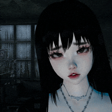 a girl with black hair is wearing a necklace that has a heart on it