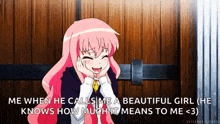 a girl with pink hair is smiling with her hands on her face and says me when he calls me a beautiful girl