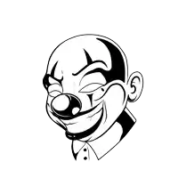 a black and white drawing of a clown smiling