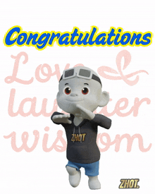 a cartoon character is standing in front of a sign that says congratulations love laughter and wisdom