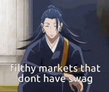 a man in a kimono is talking about markets that dont have swag .
