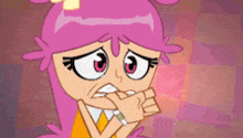 a cartoon character with pink hair is making a funny face .