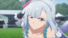 a girl with white hair and purple eyes is holding a sword