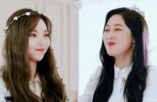 two women are standing next to each other and one is wearing a flower crown .