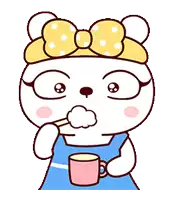 a cartoon bear with a bow on her head is brushing her teeth while holding a pink cup of coffee .