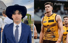 a man in a suit and tie next to a man in a rugby jersey