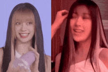 a woman with long hair is smiling and holding a purple object next to another woman with long hair .