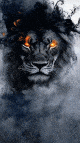 a painting of a lion with smoke coming out of it 's eyes