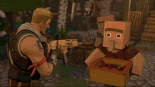 a video game scene with a man holding a gun and another man holding a torch