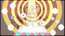 a cartoon drawing of a spiral with flowers and a tower in the center