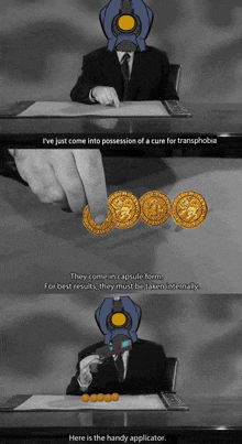 a man in a suit is sitting at a desk with a bunch of gold coins on it