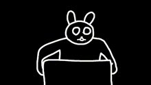 a drawing of a bunny sticking its tongue out and holding a sign