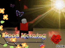 a good morning greeting card with a red rose and flowers